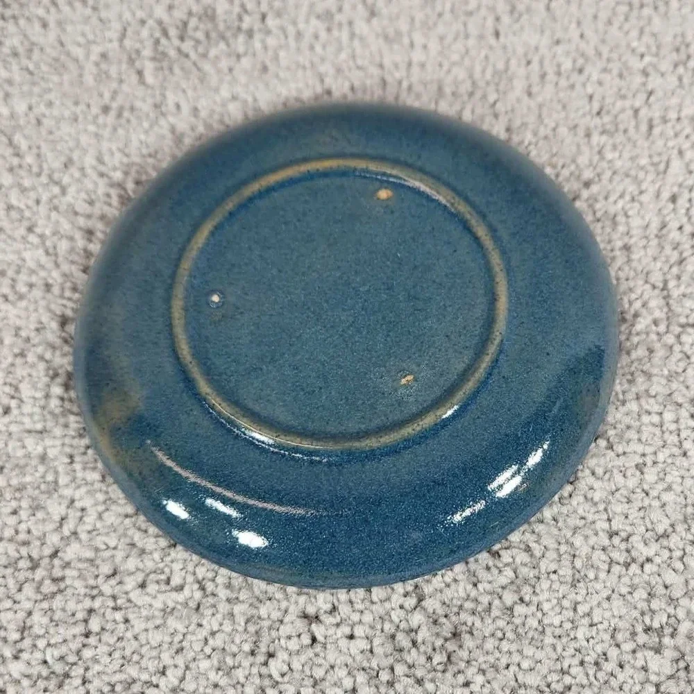 Handmade Pottery Vintage Small Ceramic Trinket Dish Blue‎ Cream Round 4 Inch